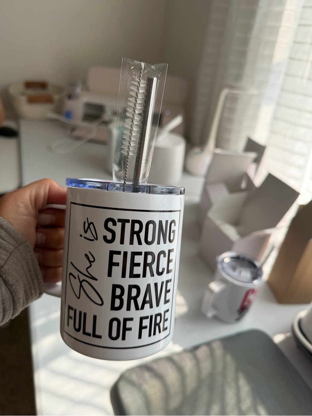 Stainless Steel 12 oz White Motivational Tumbler - "Strong Fierce Brave"